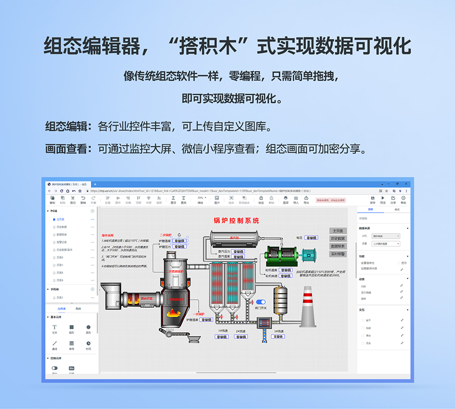 低成本PLC云網(wǎng)關(guān)：組態(tài)編輯器，“搭積木”式實(shí)現(xiàn)數(shù)據(jù)可視化